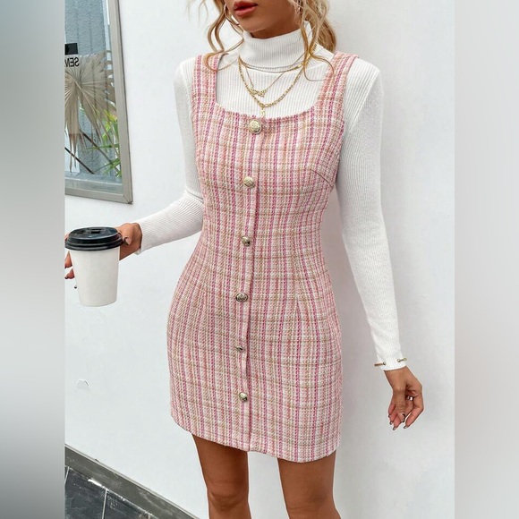 NEW-NEVER WORN! SHEIN Button Front Tweed Overall Dress - Picture 1 of 6